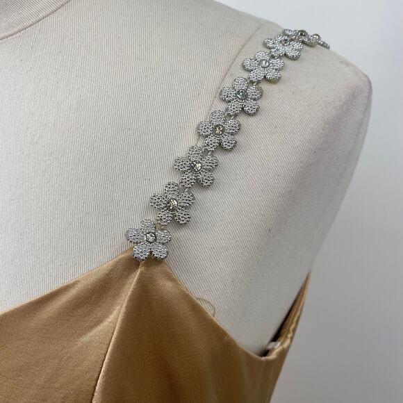 Vintage 90s Jessica McClintock Satin Mini Dress Flower Beaded Straps Champagne 6 - Picture 4 of 15